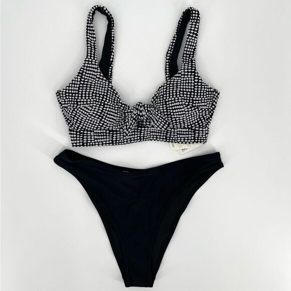 Aerie Jacquard Tie Banded Wide Strap Scoop High Cut Cheeky Bikini Set Medium - Picture 1 of 9